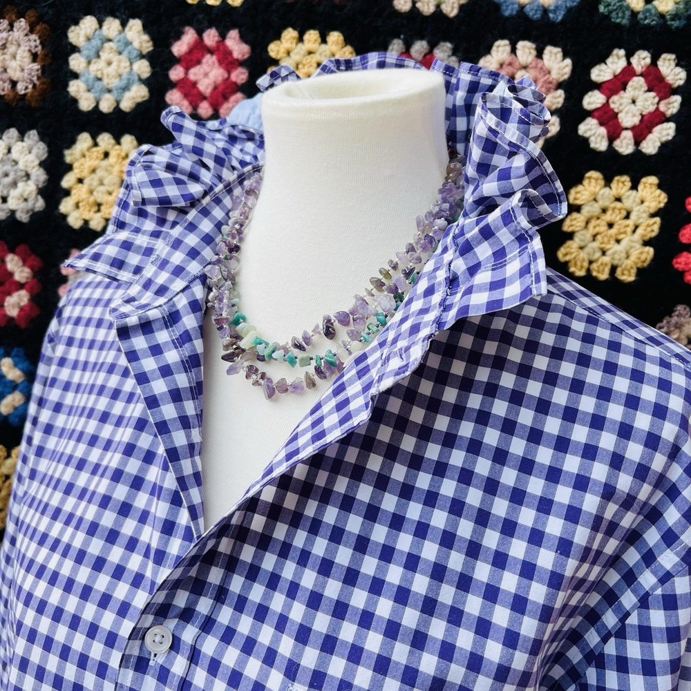 Upcycled J.Crew K State Wildcats Purple & White Gingham Ruffle Collar Shirt L